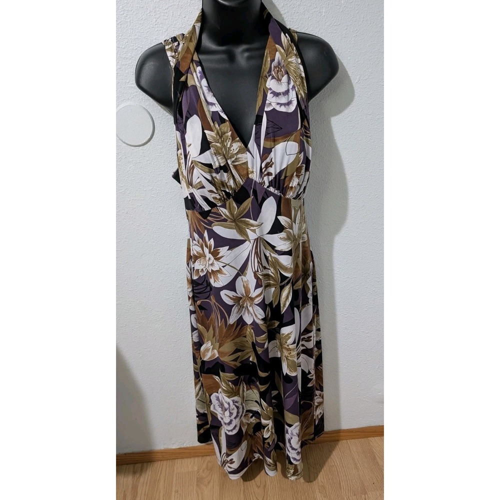 Connected Apparel Women Floral Halter Dress‎ Size 8P Brown Purple Stretch Lined